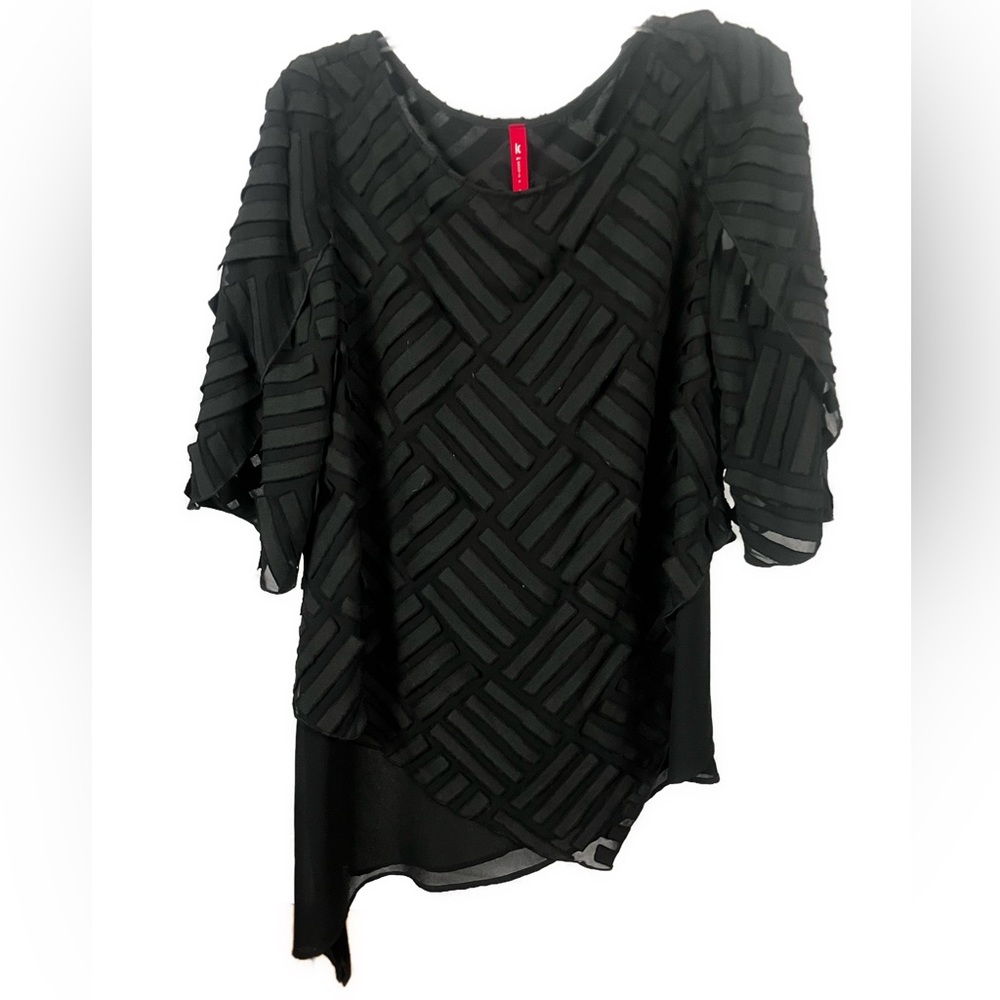 IC by Connie K Women's Lagenlook Black Asymmetrical Textured Blouse- Size Small
